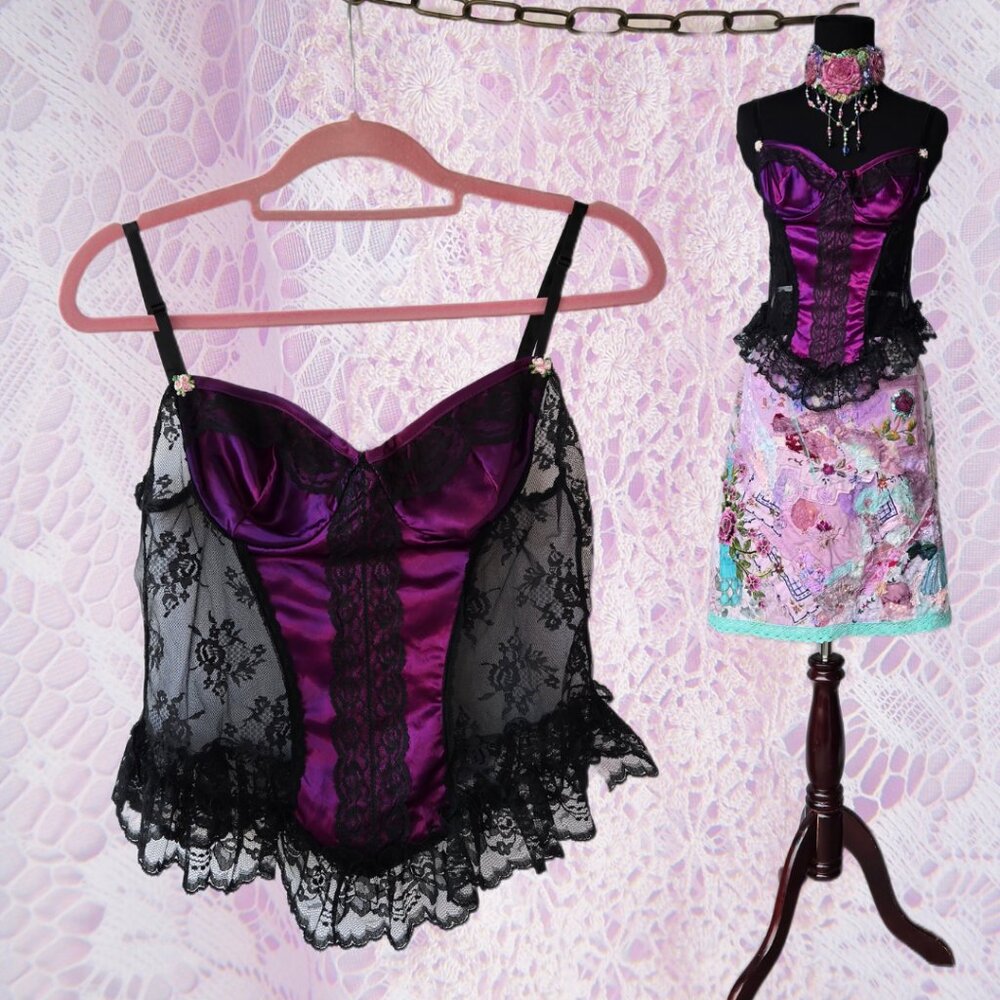 Vtg. Purple Violet Satin and Black Lace Lingerie Cami Bodice Top Y2k-Style Fairy